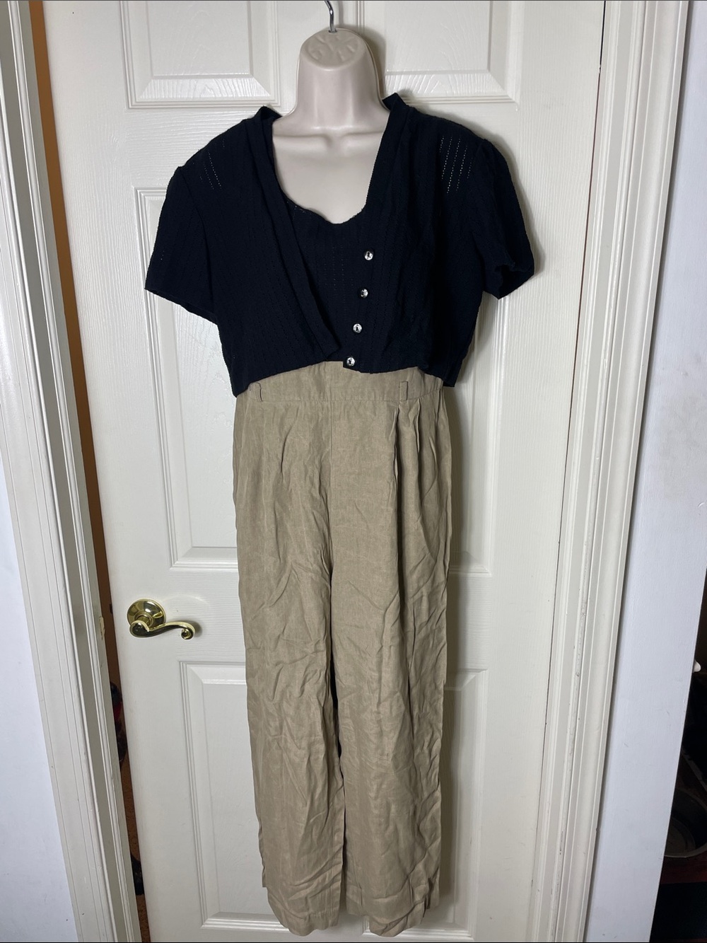 Women's High-Waist Wide Leg Jumpsuit - Black Top with Khaki Pants